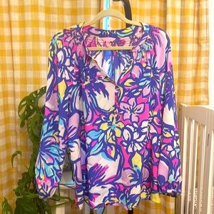 Lilly Pulitzer Silk Elsa Top Blouse Button Front Women Size XL